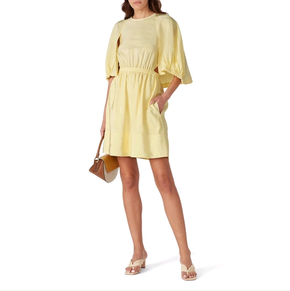 TIBI Gemma linen blend butter‎ yellow cape mini dress with pockets 6